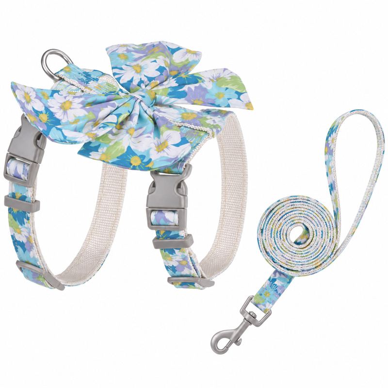 Blue Daisy Bow Strap Pet Harness And Leash Set