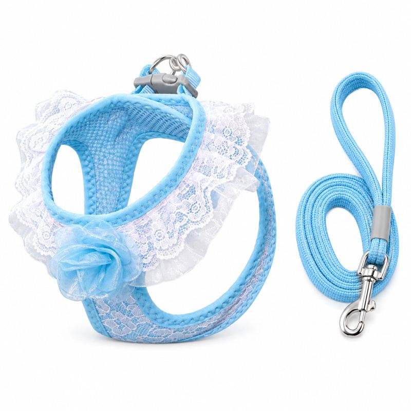 Blue Rose Lace Pet Harness And Leash Set