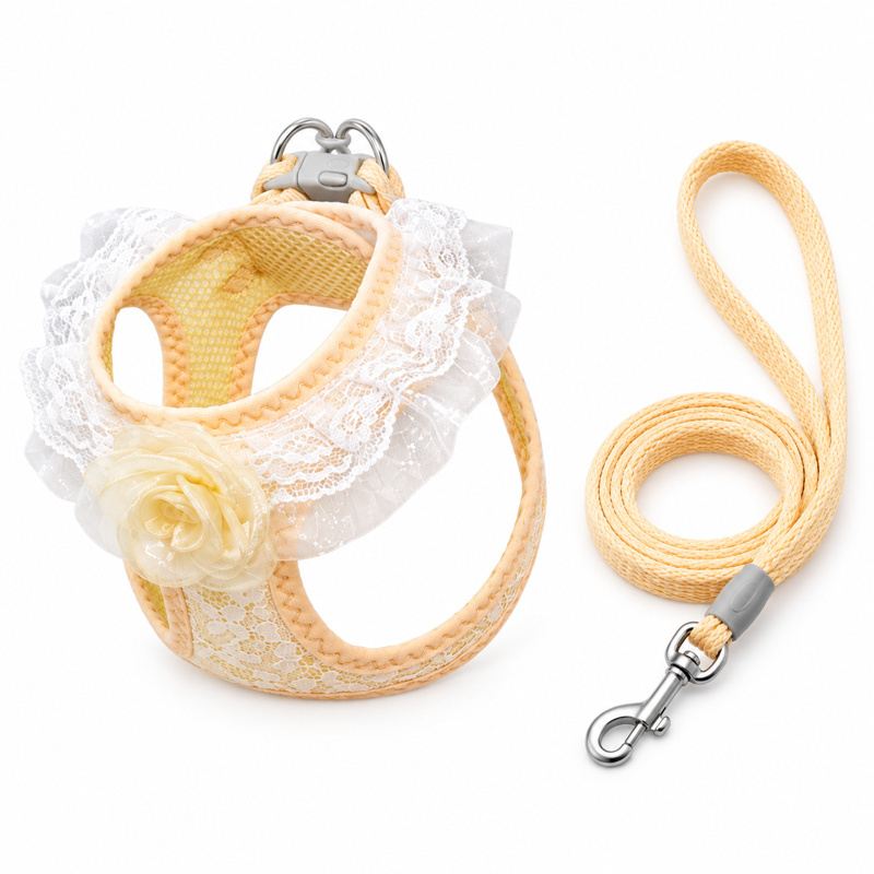 Cream Yellow Rose Lace Pet Harness And Leash Set