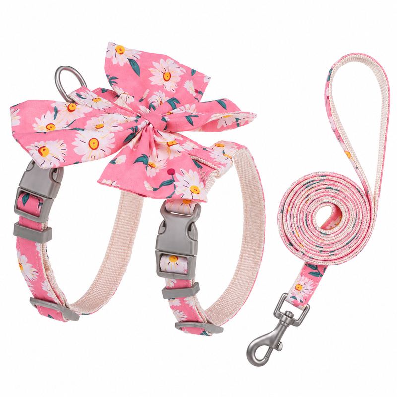 Pink Daisy Bow Strap Pet Harness And Leash Set