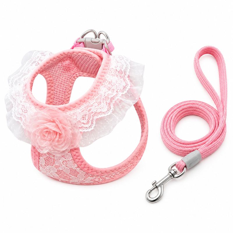 Pink Rose Lace Pet Harness And Leash Set