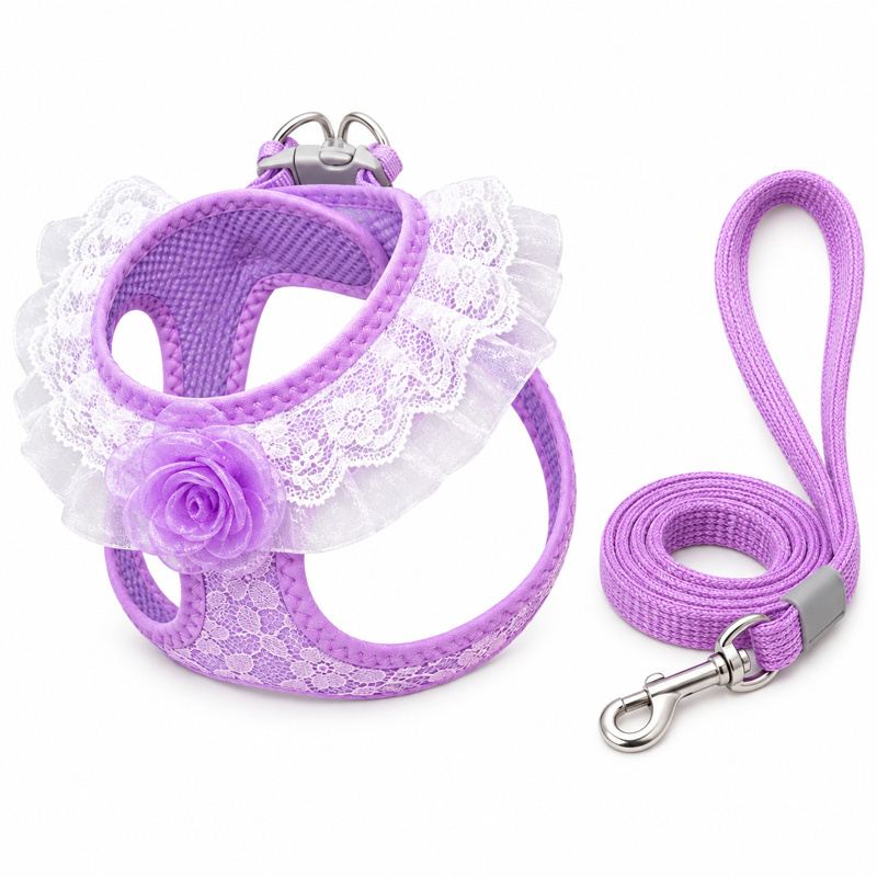 Purple Rose Lace Pet Harness And Leash Set