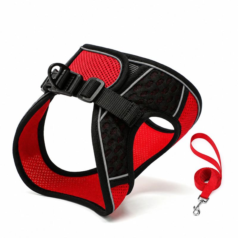 Red And Black Oval Mesh Pet Harness And Leash Set