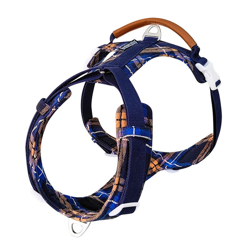 Blue Plaid Dog Harness With Handle
